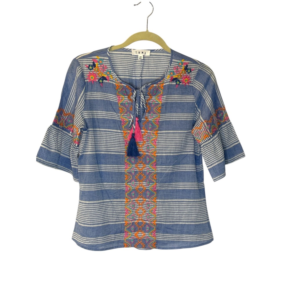 THML Embroidered Tassel Tie Striped Blouse Bell Sleeve Top XS‎